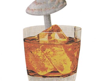 Original Art Collage, Retro Cocktail Artwork, Bar Art Work, Mushroom