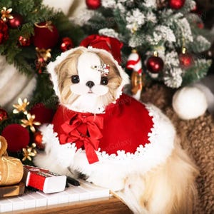Christmas Pet Cape Xmas Pet Costume, Xmas Santa Red Hooded Cape with Bow for Dogs and Cats, Christmas Pets Gifts, Winter Outfit for Pets