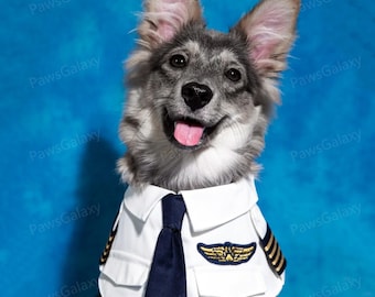 Halloween Pilot Dog Costume, White Aviator-Style Bandana Bib for Dogs and Cats, Custom Sizing Pet Bibs, Airline Captain Pets Cosplay Costume
