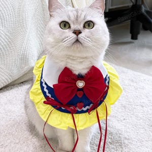 Halloween Dog Bandana Inspired from Princess Snow White, Red Bow Blue Bib for Cats and Dogs, Custom Sizing Pet Bandana, Cute Pets Bibs