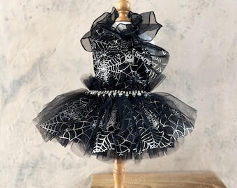 Customizable Halloween Dog Dress, Sparkly Black cobweb design Tulle Dress for Dogs and Cats, Halloween Witch Dog Costume Pets Party Clothes