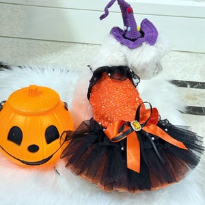 Customizable Halloween Dog Dress, Sparkly Orange Pumpkin Tutu Dress for Cats and Dogs, Halloween Witch Dog Costume Summer Pets Clothes