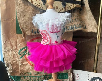 May include: A pink tulle tutu skirt with a white lace bodice and floral embroidery. The skirt has multiple layers of tulle and is displayed on a wooden mannequin.