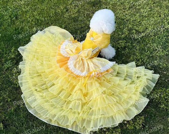 Halloween Dog Costume Princess Belle Inspired, Yellow Tulle Dress Detachable Long Train for Cats & Large Dogs, Birthday Outfit Pets Clothes