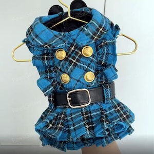 Customizable Blue Tartan Dress for Dogs and Cats, British-style Blue Plaid Dress Vintage Pets Clothing, Puppy Birthday Outfit Fall Winter