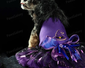Halloween Witch Dog Dress, Sparkly Purple Puffy Tutu Dress for Cats and Dogs, Halloween Wizard Dog Costume, Customizable Pets Clothes