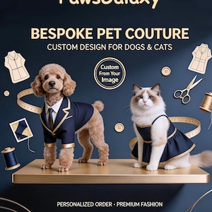 May include: A poodle wearing a navy blue suit with gold trim and a cat wearing a navy blue dress with gold trim. The image features the text PawsGalaxy, BESPOKE PET COUTURE, CUSTOM DESIGN FOR DOGS & CATS, Custom From Your Image, and PERSONALIZED ORDER PREMIUM FASHION.