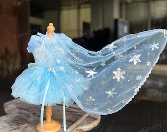 Princess Elsa-inspired Pet Costume Halloween Dress Up, Detachable Snowflake Cape, Blue Starry Dress for Dogs and Cats, Custom Pets Clothes