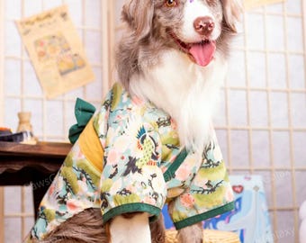 Kimono giapponese personalizzabile per cani, kimono con motivo a gru verde per cani e gatti di grossa taglia, yukata per animali domestici in costume da festival giapponese, vestiti per animali domestici
