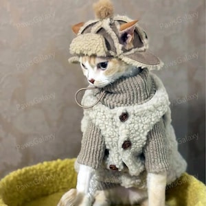 Puede incluir: Un gato con un atuendo de invierno, que incluye un sombrero con orejeras y un abrigo a juego. El sombrero tiene una visera marrón y una parte superior esponjosa. El abrigo es de color gris claro con botones marrones. El gato está sentado en una cama amarilla.