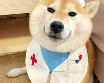 Doctor Dog Outfits, Pet Vet Uniform Bandana, Nurse Hat with Ears Hole, Halloween Costume