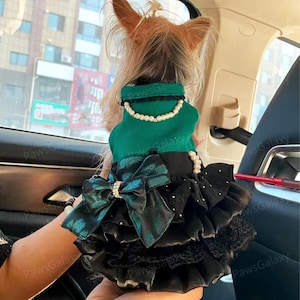 Customizable Dark Green Dog Dress, Vintage Sweater Puffy Dress for Large Dogs and Cats, Fall Winter Pets Clothes, Puppy Birthday Costume