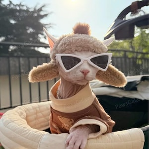 Cozy Winter Fleece Hat for Sphynx and Devon Rex Cats, Brown Hat with Ear Holes for Hairless Cats, Adjustable Pets Hats Outdoor Walking Tour