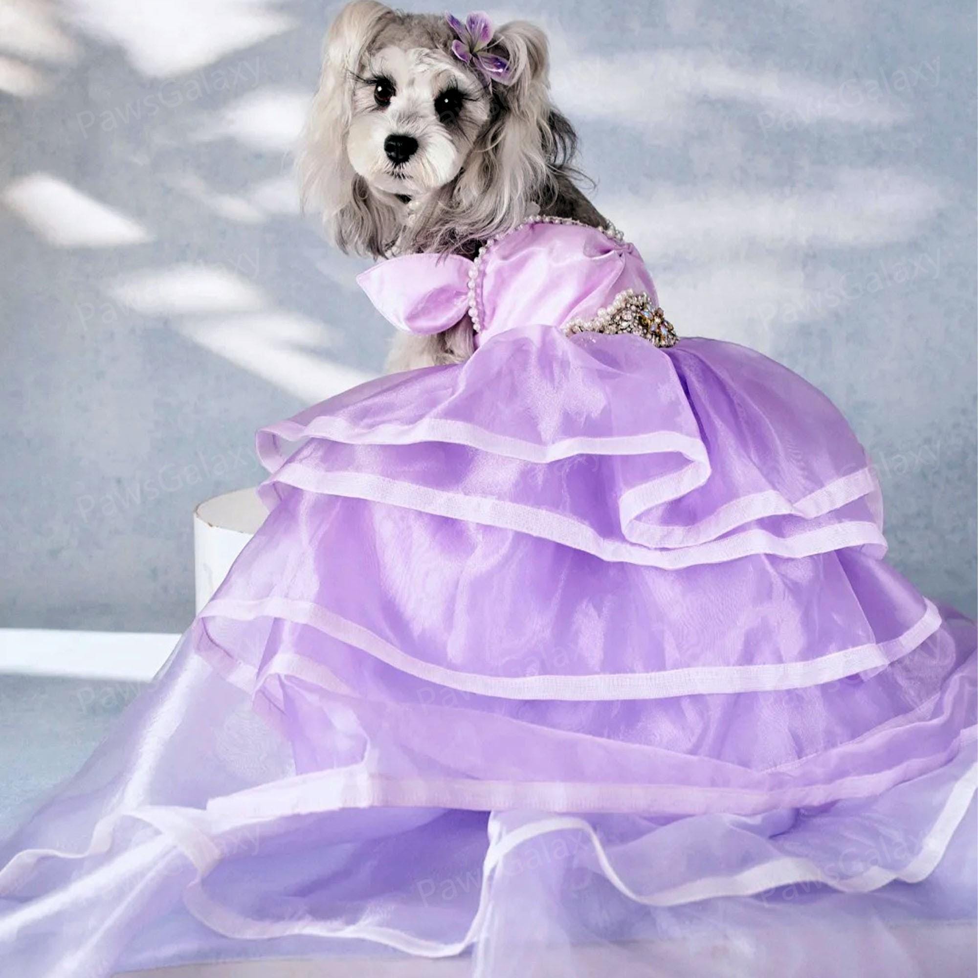 Lavender Dog Wedding Dress With Long Train, Luxury Beaded Gown Pet