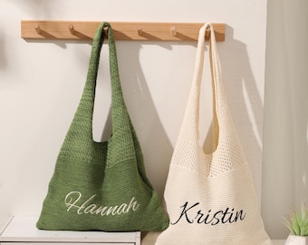 Bolso de playa tejido personalizado con nombre bordado, regalos para damas de honor, bolso de ganchillo para mujer, ideal para viajes, vacaciones, despedidas de soltera o verano.