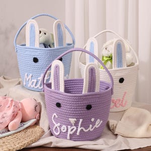 Personalisierter Babykorb mit Namen, Baumwollkinderzimmeraufbewahrung mit Hasenohren, Spielzeugorganisator, Erinnerungskorb, Neugeborenen-Duschegeschenk
