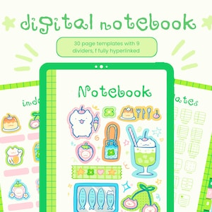 May include: A digital notebook design with a green border and the words "digital notebook" in a playful font. The notebook features colorful illustrations of food and cute characters. Text on the image says "30 page templates with 9 dividers, f fully hyperlinked."