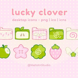 May include: A set of digital desktop icons labeled lucky clover desktop icons - png | ico | icns. The collection includes five folder icons and five individual icons featuring green and pink illustrations of apples, stars, clovers, and wings.