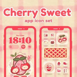 May include: A digital app icon set titled Cherry Sweet featuring a red and cream plaid background. The display shows two smartphone screens with custom red cherry-themed icons, a cherry pie widget, and a clock displaying 18:10 on the lock screen.