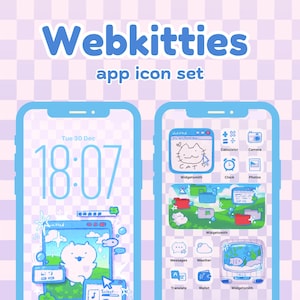 Könnte beinhalten: Digitale Illustration von zwei Smartphones, die ein benutzerdefiniertes App-Icon-Set namens "Webkitties" anzeigen. Die Bildschirme zeigen eine hellblaue Oberfläche mit Cartoon-Katzen-Icons, einer Uhr und der Uhrzeit 18:07. Der Hintergrund ist ein helllila kariertes Muster.