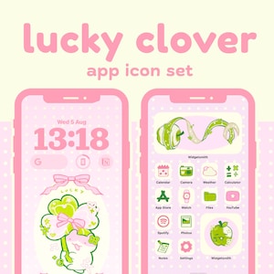 May include: A digital app icon set titled lucky clover app icon set featuring two smartphone screens with a light pink theme. The screens display custom icons, widgets, and a wallpaper with a cartoon character holding a four-leaf clover.
