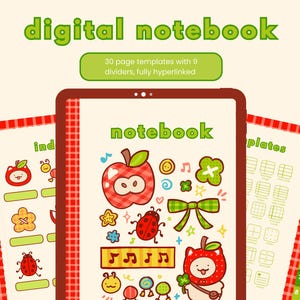 May include: A digital notebook with a red border, featuring a whimsical design with an apple, ladybug, and musical notes. The text reads "digital notebook" and "30 page templates with 9 dividers, fully hyperlinked."