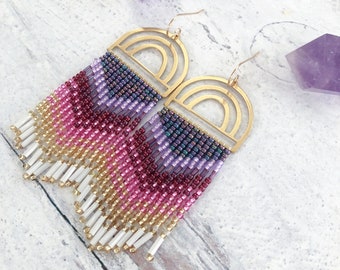 Purple Haze Beaded Fringe Earrings, Good Vibes Beaded Jewelry, Boho Style, Rainbow Ombre Earrings, Colorful Seed Bead Earrings