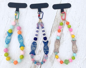 Beaded Phone Wristlet with Fish Charms | Colorful Handmade Lanyard Accessory