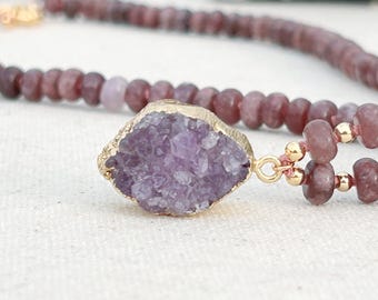Hand Knotted Amethyst Druzy Pendant Necklace: Lepidolite Silk Boho Jewelry