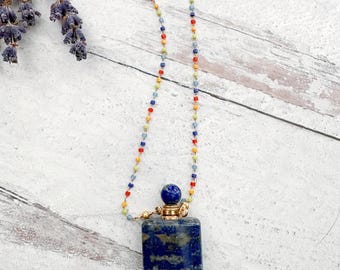 Lapis Lazuli Perfume Bottle Necklace – Boho Refillable Crystal Pendant, Gemstone Pendant with Rainbow Miyuki Seed Bead Chain
