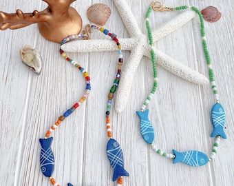 Vintage Maasai Glass Bead Necklace | Hand-Carved Bone Fish Beads | Coastal Boho Statement Necklace | One-of-a-Kind Artisan Jewelry