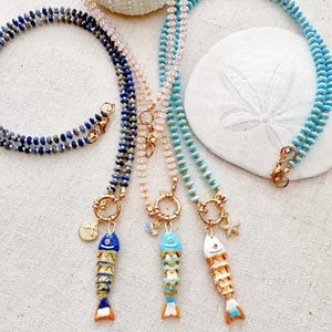 Gemstone Beaded Necklace with Enamel Fish Charm | Coastal Ocean Jewelry | Lapis Lazuli, Opalite, Howlite