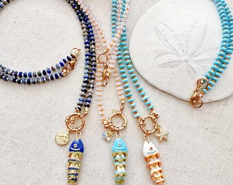 Gemstone Beaded Necklace with Enamel Fish Charm | Coastal Ocean Jewelry | Lapis Lazuli, Opalite, Howlite