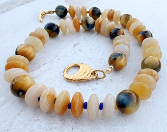Golden Blue Tiger Eye Honey Jade Necklace | Boho Statement Gemstone Jewelry (16")