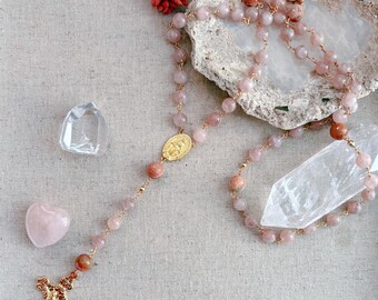 Sacred Heart Rose Quartz Rosary, Pink Fossil Wood, Handmade Catholic Rosary
