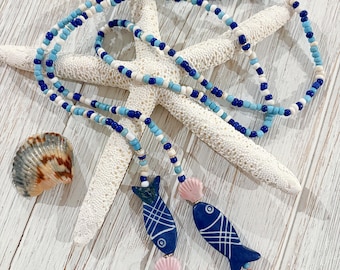 Coastal Lariat Necklace | Vintage Maasai Beads, Carved Bone Fish, Shell Accents