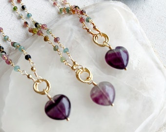 Rainbow Fluorite Heart Short Necklace with Tourmaline Chain