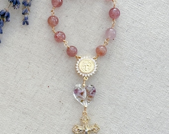 Strawberry Quartz Pocket Rosary, St Benedict Medal, Catholic Decade Prayer