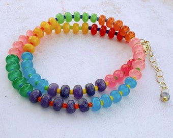 Stone Candy Jade Rainbow Beaded Necklace | Colorful Jade Rondelle Necklace | Vibrant Statement Necklace | Gift | Trendy Stone Candy Necklace