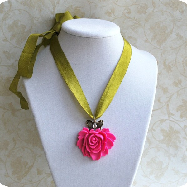 SHOP CLOSING SALE - Hot Pink Cabbage Rose and Butterfly Pendant on Olive Green Vintage Seam Binding