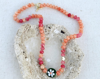 Hand Knotted Jade Necklace: Lampwork Daisy, Coral & Rose, 19" Silk Necklace
