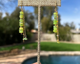 Spring Green Ethiopian Opal Dangle Earrings, Wire wrapped Boho Statement earrings, Gold Filled Opal Fringe Earrings