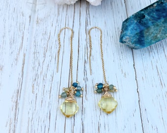 Lemon Quartz and Apatite Gold Filled Threader Earrings, Gift, Delicate Earrings, Beaded Threader, Boho Luxe Earrings, Cluster Earring