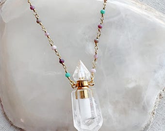 Clear Quartz Crystal Potion Necklace, Brass Chain, Aromatherapy Diffuser Pendant