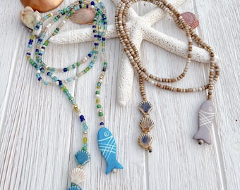 Coastal Lariat Necklace | Vintage Maasai Beads, Hand-Carved Bone Fish Pendant & Ceramic Shell Beads | Beach Boho Statement Necklace