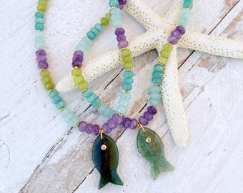 Candy Jade Beaded Necklace with Gemstone Fish Pendant – Pastel Ocean Jewelry