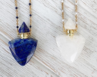 Lapis Lazuli Quartz Perfume Bottle Necklace – Refillable Crystal Pendant, Enamel Chain