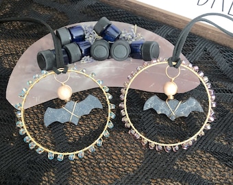 Custom Blend Aromatherapy and Druzy Crystal Carved Bat Car Accessory or Sun Catcher, Crystal Rear View Mirror Charm, Witchy Sun Catcher,Gift