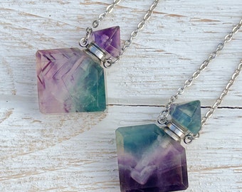 Crystal Perfume Bottle Necklace, Crystal Jewelry, Love Potion Bottle, Perfume Vial Bottle, Essential Oil Diffuser Pendant, Rainbow Fluorite