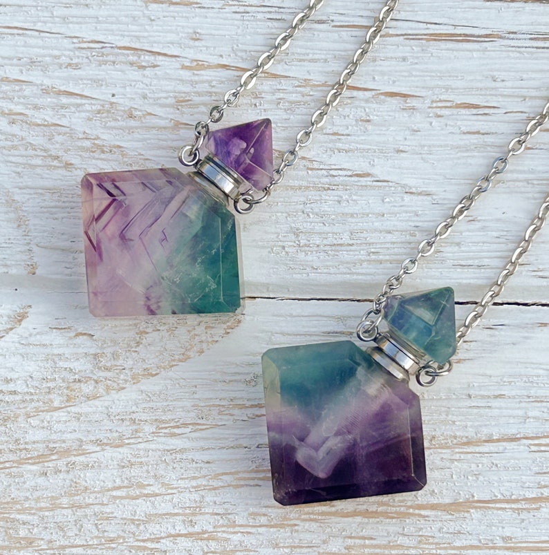 Crystal Perfume Bottle Necklace, Crystal Jewelry, Love Potion Bottle, Perfume Vial Bottle, Essential Oil Diffuser Pendant, Rainbow Fluorite image 1